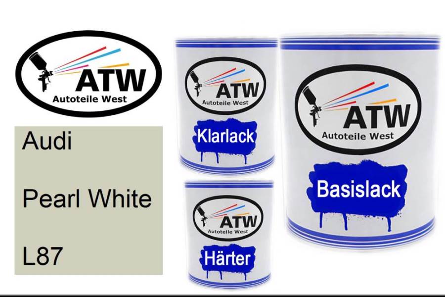 Audi, Pearl White, L87: 1L Lackdose + 1L Klarlack + 500ml Härter - Set, von ATW Autoteile West.